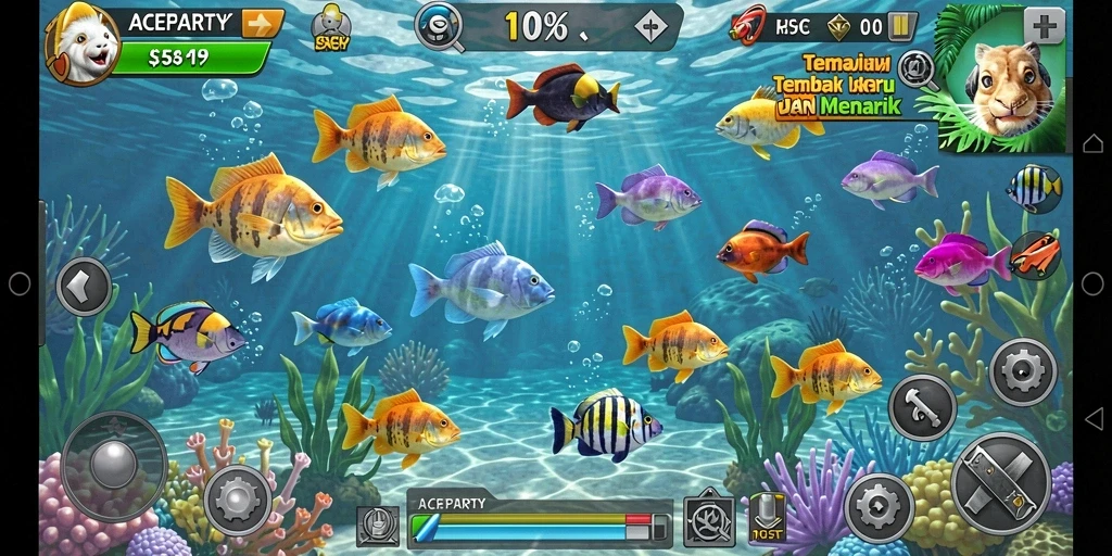 Screenshot gameplay <strong>ACEPARTY</strong> menampilkan pemain menembak ikan dengan senapan yang keren.