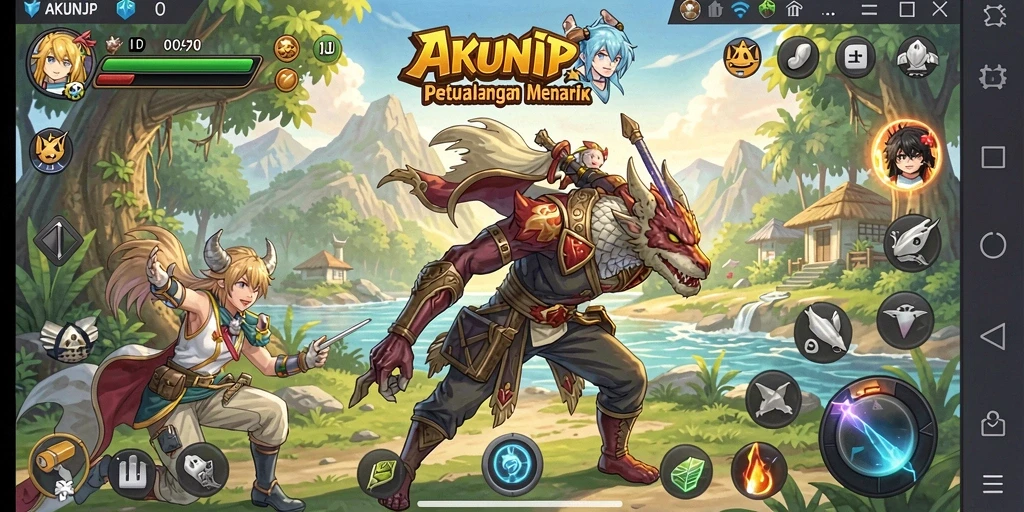 Tampilan gameplay AKUNJP yang menakjubkan dan penuh warna.