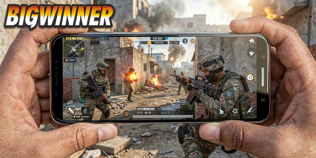 Screenshot gameplay BIGWINNER menunjukkan aksi tembak-menembak yang mendebarkan.
