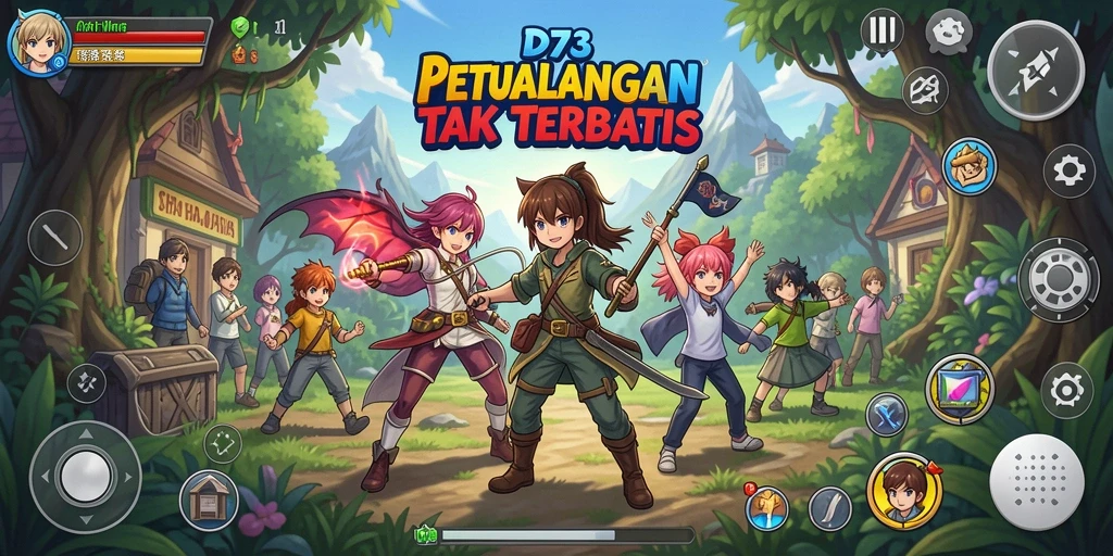 Gameplay D73 menampilkan aksi seru dalam dunia anime yang penuh warna.