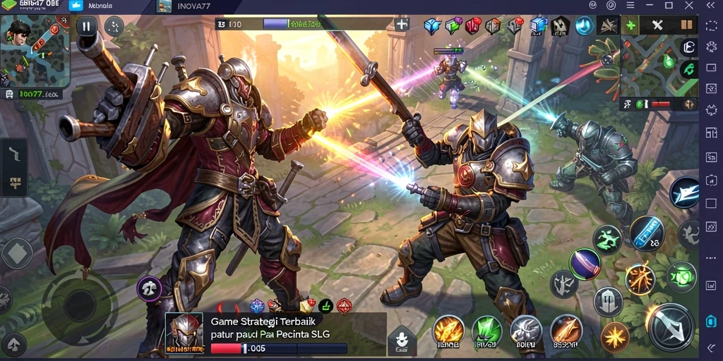 Screenshot dari INOVA77 menampilkan pertempuran epik dalam permainan strategi SLG.