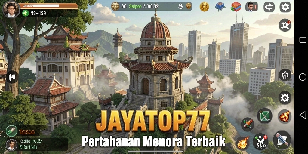 Tampilan gameplay JAYATOP77 menampilkan strategi pertahanan menara yang seru.