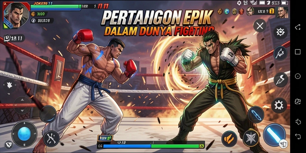 Screenshot utama JOKER11 menunjukkan aksi pertarungan yang seru dan karakter yang dinamis.