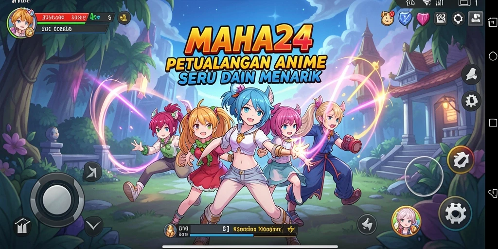 Screenshot dari gameplay MAHA24 dengan karakter anime bergaya menarik.