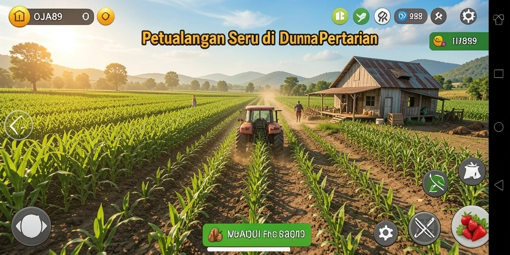 Screenshot gameplay OJA89 menunjukkan pertanian yang subur dan aktif.