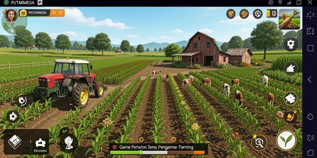 Gameplay seru PUTARMEGA menampilkan ladang dan hewan ternak.