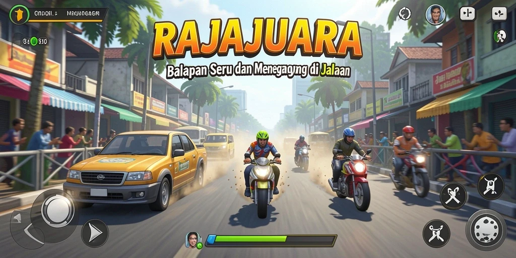 Tangkapan layar gameplay RAJAJUARA menampilkan balapan mobil di lintasan yang menegangkan.
